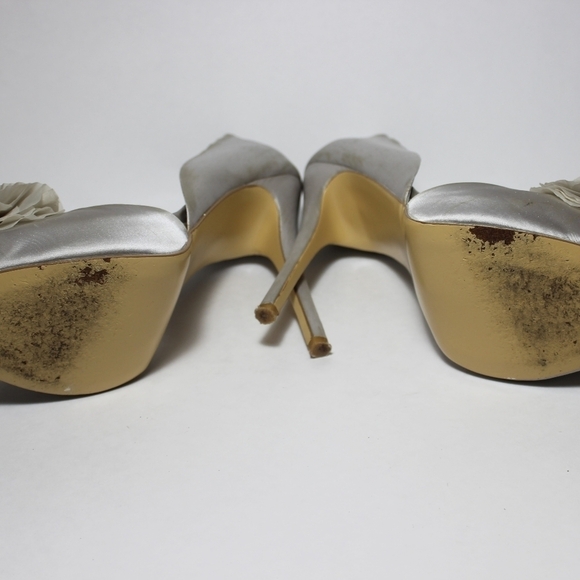 AUDREY Brooke Silver Satin Open Toe Heel with Ruffled Flower - Picture 6 of 12